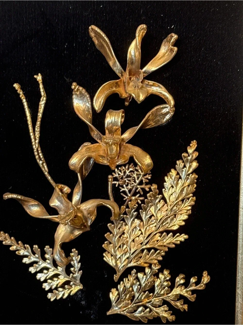 Vintage Saburo 24k Gold Plated Ornate Framed Orchids and Ferns - Marked 1947